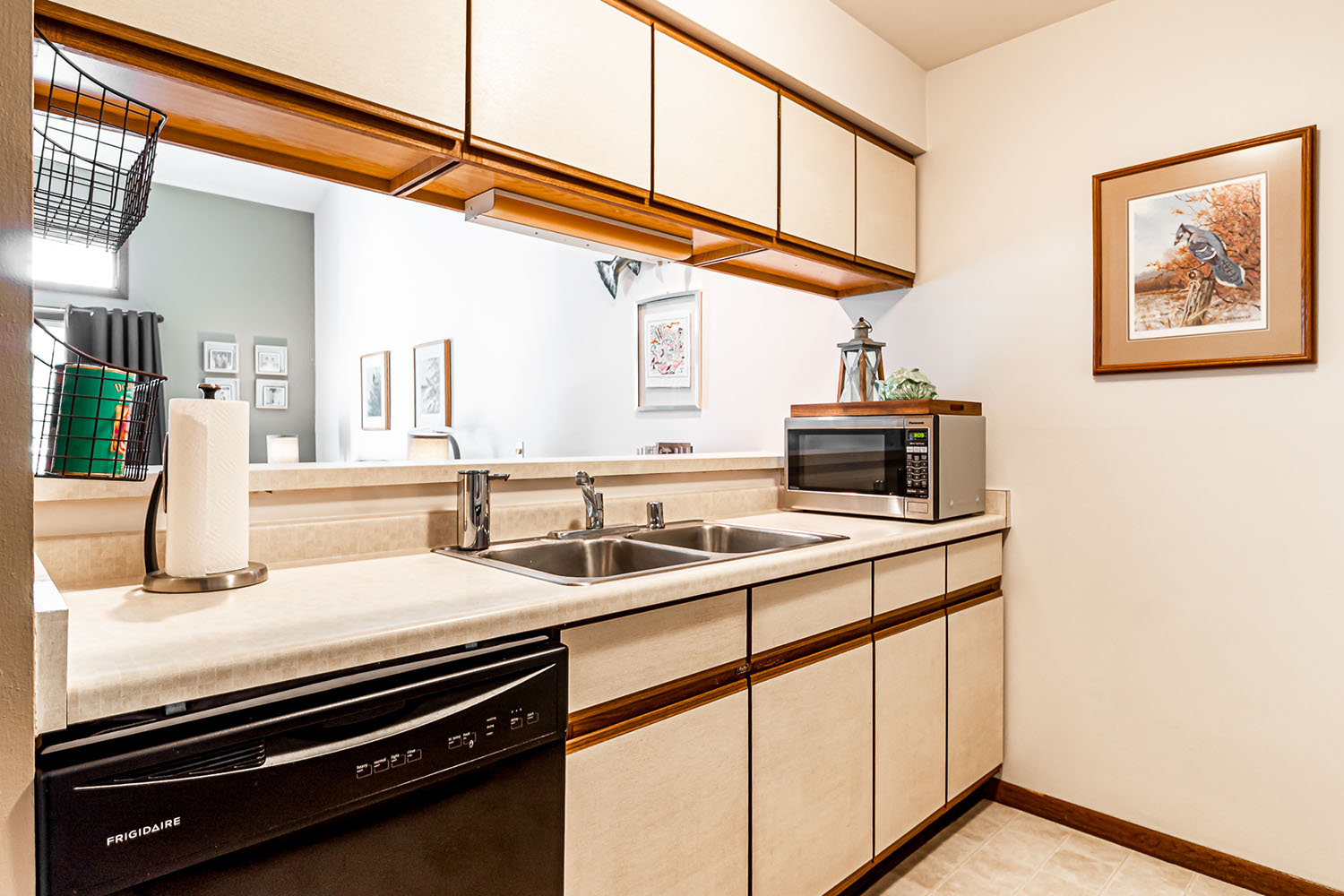 Brightly lit apartment galley kitchen with a view into the living room