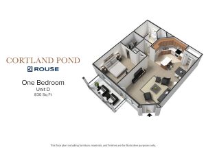 Floor Plan for Cortland Pond One Bedroom Unit D at 830 square feet