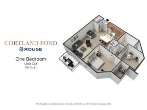 Floor Plan for Cortland Pond One Bedroom Unit DD at 951 square feet