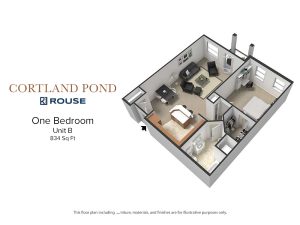 Floor Plan for Cortland Pond One Bedroom Unit B at 834 square feet