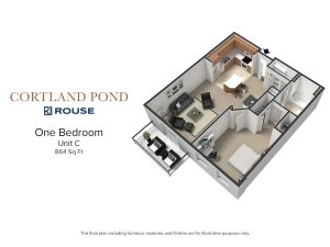 Floor Plan for Cortland Pond One Bedroom Unit C at 864 square feet