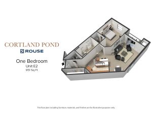 Floor Plan for Cortland Pond One Bedroom Unit E2 at 951 square feet