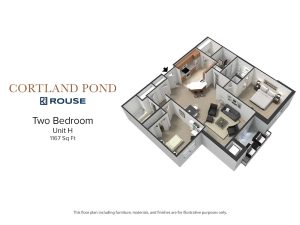 Floor Plan for Cortland Pond Two Bedroom Unit H at 1167 square feet