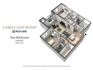 Floor Plan for Cortland Pond Two Bedroom Unit H2 at 1236 square feet