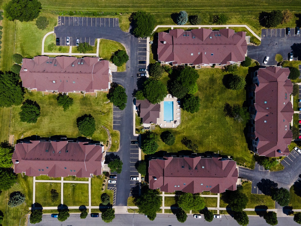 Aerial shot of apartment complex grounds