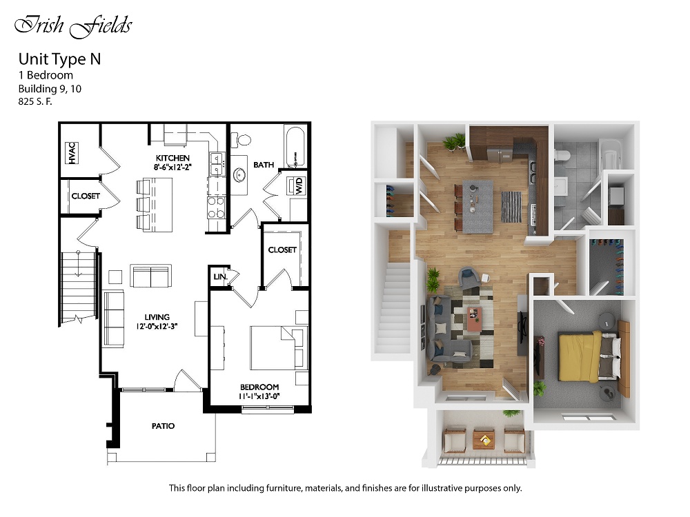 Irish Fields floor plan 1 Bedroom N buildings 9 & 10
