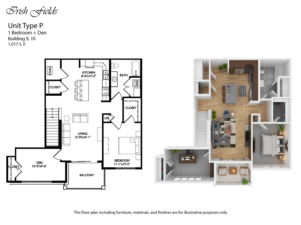 Irish Fields floor plan 1 Bedroom + Den - P