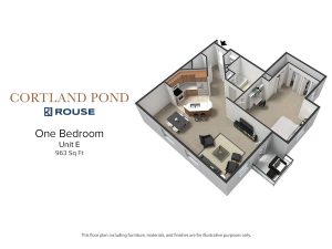 Floor Plan for Cortland Pond One Bedroom Unit E at 963 square feet