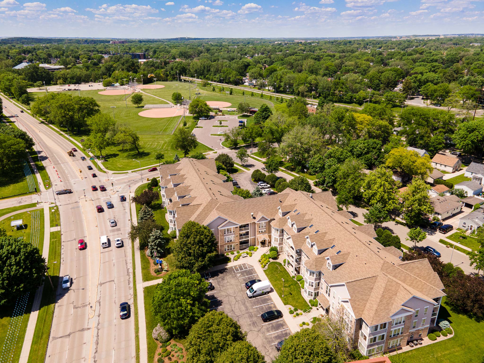 Aerial shot of Olbrich by the Lake apartment building