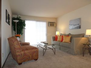 Livingroom with two couches facing each other with a coffee table in between