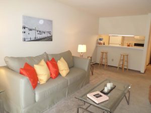 Living room with couch and coffee table, and a bar area open to the kitchen