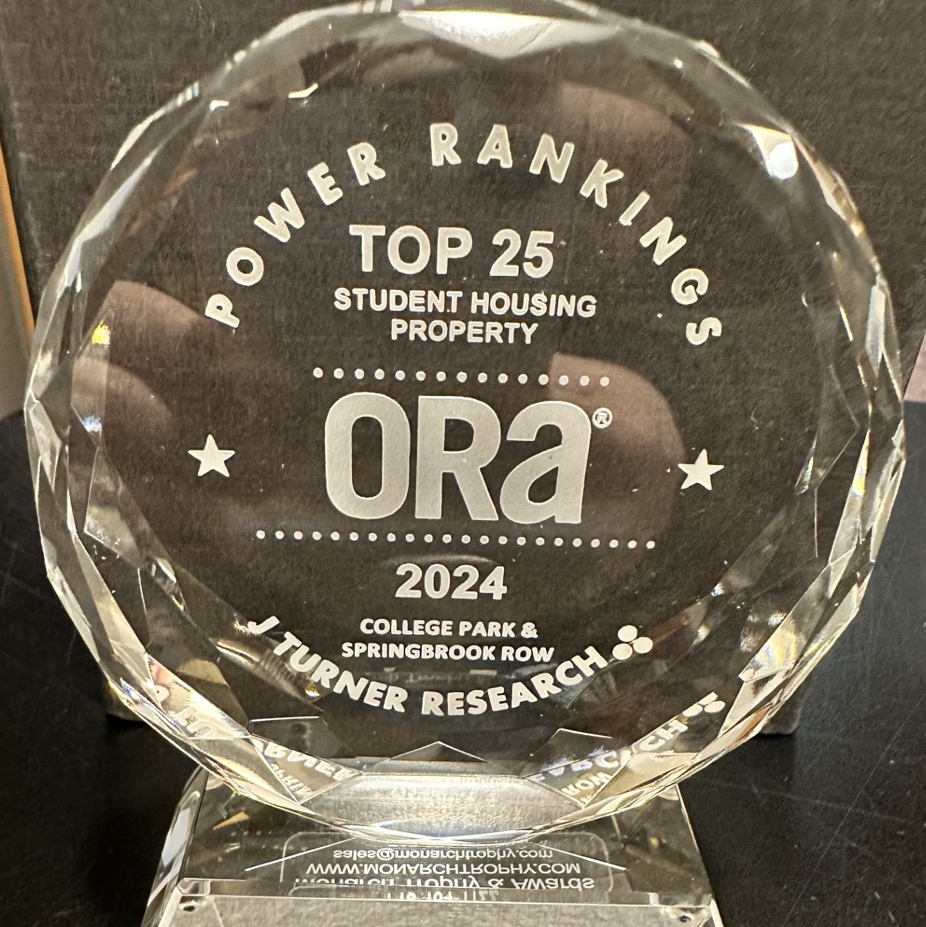 ORA award for Top 25 Student Housing Property in 2024 goes to College Park & Springbrook Row.