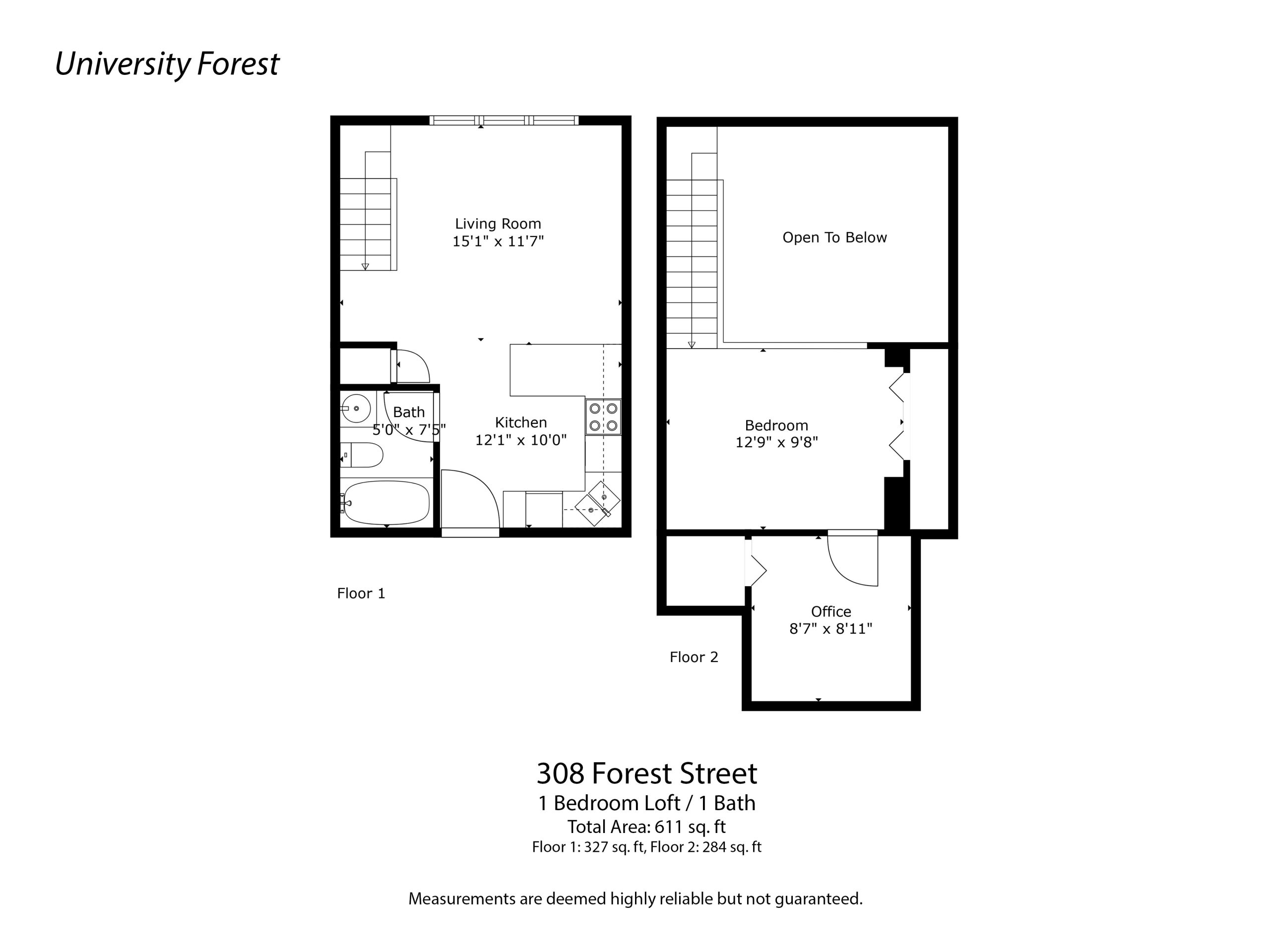 University Forest 1 Bedroom + Loft floor plans